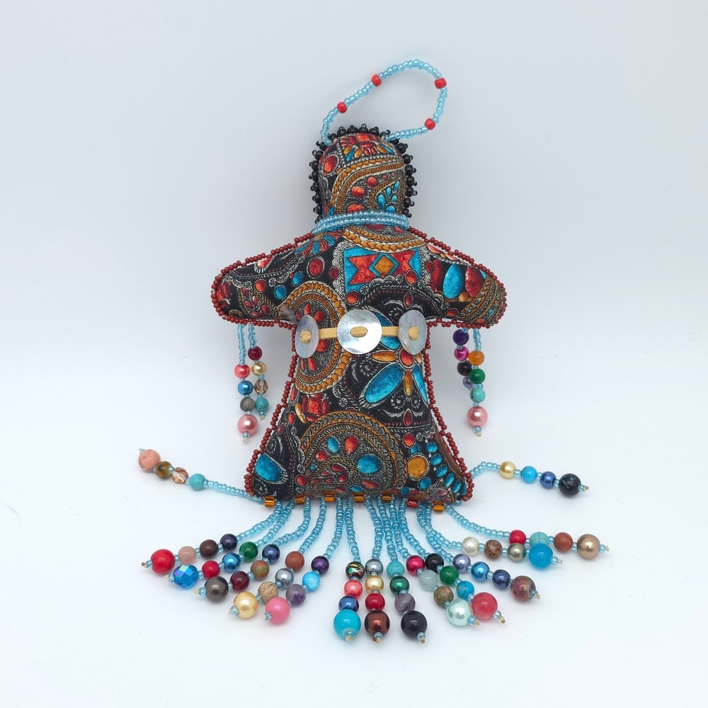 Handmade Beaded Spirit Doll Paisley Healing Pearl Star Charms Boho Folk Art